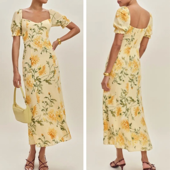 Reformation Gloria Midi Dress - Honeyglow Yellow Floral French Cocktail Party